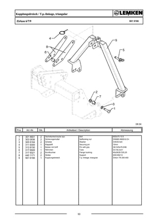 Kupplungsdreieck / T.p.-linkage, triangular
Zirkon 6/7/9 661 6166
08.04
Pos. Art.-Nr. Stk. Artikeltext / Description
50
Abmessung
1 301 4601 2 Sechskantschraube spz. Bolt M20x70-10.9
2 303 0936 2 Sicherungsmutter Selflocking nut DIN985-NM20-8 Zn
3 305 6164 2 Scheibe Washer D35/20,5x5
4 311 9300 1 Klappstift Securing pin 10mm
5 313 8150 1 Bolzen mit Griff Pin with grip GB D25x79,5/96
6 317 6949 1 Röhrchen Tube 33,7x6,3x31
7 317 9321 2 Bundbuchse Flange bushing 40x28/28 D20,25
8 440 1171 2 Strebe Support 409,5/82/12
9 561 6166 1 Kupplungsdreieck T.p.-linkage, triangular Zirkon 7/9 250-400
 