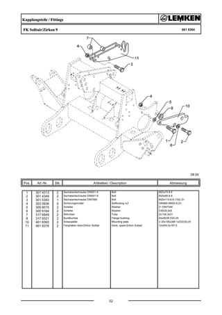 Kupplungsteile / Fittings
FK Solitair/Zirkon 9 661 8364
08.04
Pos. Art.-Nr. Stk. Artikeltext / Description
52
Abmessung
1 301 4313 2 Sechskantschraube DIN931-A Bolt M20x70-8.8
2 301 4349 2 Sechskantschraube DIN931-A Bolt M20x80-8.8
3 301 5393 1 Sechskantschraube DIN7990 Bolt M20x110-8.8 (130) Zn
4 303 0936 5 Sicherungsmutter Selflocking nut DIN985-NM20-8 Zn
5 305 6015 2 Scheibe Washer 21 DIN7349
6 305 6164 2 Scheibe Washer D35/20,5x5
7 317 6949 2 Röhrchen Tube 33,7x6,3x31
8 317 9321 2 Bundbuchse Flange bushing 40x28/28 D20,25
10 461 8365 2 Anbauplatte Mounting plate U 20x190x388 1xD32/20,25
11 461 8376 2 Fanghaken oben/Zirkon Solitair Hook, upper/Zirkon Solitair 12x454,5x167,5
 