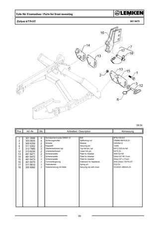 Teile für Frontanbau / Parts for front mounting
Zirkon 6/7/9-ST 661 8475
08.04
Pos. Art.-Nr. Stk. Artikeltext / Description
59
Abmessung
1 301 3996 4 Sechskantschraube DIN931-A Bolt M16x100-8.8
2 303 0935 4 Sicherungsmutter Selflocking nut DIN985-NM16-8 Zn
3 305 6259 2 Scheibe Washer D45/29x12
6 311 9302 2 Klappstift Securing pin 12x60
7 313 7880 3 Oberlenkerbolzen kpl. Top link pin, cpl. KAT2 D25,4x140
12 313 8230 2 Unterlenkerbolzen Lower link pin KAT2 Zn
13 461 8471 2 Schienenplatte Plate for drawbar 300x12x100
14 461 8472 1 Schienenplatte Plate for drawbar Zirkon 9/7 RE Front
15 461 8473 1 Schienenplatte Plate for drawbar Zirkon 9/7 LI Front
16 461 8475 1 Turmverlängerung Extension for headstock AHG-Zirkon 7/9-FA-ST
17 311 8610 1 Federstecker Spring pin D3,6 Zn
18 305 8560 1 Federsicherung mit Kette Securing clip with chain D3,6/D21-460mm-Zn
 