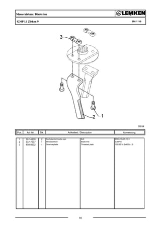 Messerzinken / Blade tine
G30P LI Zirkon 9 666 1119
08.04
Pos. Art.-Nr. Stk. Artikeltext / Description
65
Abmessung
1 301 4235 2 Sechskantschraube spz. Bolt M20x1,5x55-10.9
2 337 7037 1 Messerzinken Blade tine G30P LI
3 459 8602 1 Gewindeplatte Threaded plate 102/32/16 2xM20x1,5
 