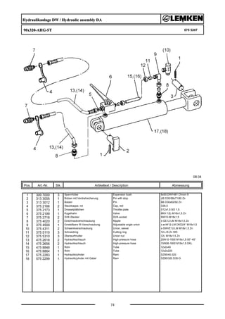 Hydraulikanlage DW / Hydraulic assembly DA
90x320-AHG-ST 675 5207
08.04
Pos. Art.-Nr. Stk. Artikeltext / Description
74
Abmessung
1 309 7000 3 Spannhülse Expansion bush 8x50-DIN1481 Chrom 8
2 313 3005 1 Bolzen mit Verdrehsicherung Pin with stop UB D30/58x71/80 Zn
3 313 3012 1 Bolzen Pin BB D30x62/92 Zn
4 375 2166 2 Staubkappe, rot Cap, red D26,5
5 375 2173 1 Drosselplättchen Throttle plate D12x1,5 BO 1,5
6 375 2199 1 Kugelhahn Valve BKH 12L-M18x1,5 Zn
7 375 2718 2 SVK-Stecker SVK-socket NW10-M18x1,5
8 375 4020 2 Einschraubverschraubung Nipple x-GE12-LM M18x1,5 Zn
9 375 4500 1 Einstellbare W-Verschraubung Adjustable angle union x-evW12-LM DKO24° M18x1,5
10 375 4311 2 Schwenkverschraubung Union, swivel x-SWVE12-LM M18x1,5 Zn
11 375 5110 3 Schneidring Cutting ring 12-L/S Zn WD
12 375 5310 3 Überwurfmutter Union nut 12L M18x1,5 Zn
13 475 2618 2 Hydraulikschlauch High-pressure hose 2SN10-1500 M18x1,5 00°-45°
14 475 2656 2 Hydraulikschlauch High-pressure hose 1SN08-1800 M18x1,5 DKL
15 475 8848 1 Rohr Tube 12x2x40
16 475 8864 1 Rohr Tube 12x2x220
17 575 2283 1 Hydraulikzylinder Ram DZ90/40-320
18 575 2299 1 Hydraulikzylinder mit Gabel Ram DZ90/320 D30-G
 