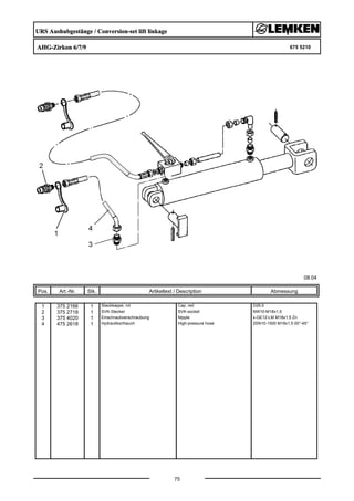 URS Aushubgestänge / Conversion-set lift linkage
AHG-Zirkon 6/7/9 675 5210
08.04
Pos. Art.-Nr. Stk. Artikeltext / Description
75
Abmessung
1 375 2166 1 Staubkappe, rot Cap, red D26,5
2 375 2718 1 SVK-Stecker SVK-socket NW10-M18x1,5
3 375 4020 1 Einschraubverschraubung Nipple x-GE12-LM M18x1,5 Zn
4 475 2618 1 Hydraulikschlauch High-pressure hose 2SN10-1500 M18x1,5 00°-45°
 