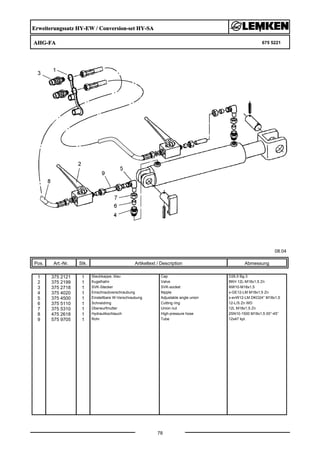 Erweiterungssatz HY-EW / Conversion-set HY-SA
AHG-FA 675 5221
08.04
Pos. Art.-Nr. Stk. Artikeltext / Description
78
Abmessung
1 375 2121 1 Staubkappe, blau Cap D26,5 Bg.3
2 375 2199 1 Kugelhahn Valve BKH 12L-M18x1,5 Zn
3 375 2718 1 SVK-Stecker SVK-socket NW10-M18x1,5
4 375 4020 1 Einschraubverschraubung Nipple x-GE12-LM M18x1,5 Zn
5 375 4500 1 Einstellbare W-Verschraubung Adjustable angle union x-evW12-LM DKO24° M18x1,5
6 375 5110 1 Schneidring Cutting ring 12-L/S Zn WD
7 375 5310 1 Überwurfmutter Union nut 12L M18x1,5 Zn
8 475 2618 1 Hydraulikschlauch High-pressure hose 2SN10-1500 M18x1,5 00°-45°
9 575 9705 1 Rohr Tube 12x47 kpl.
 