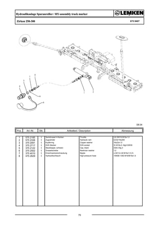 Hydraulikanlage Spuranreißer / HY-assembly track marker
Zirkon 250-300 675 8407
08.04
Pos. Art.-Nr. Stk. Artikeltext / Description
79
Abmessung
1 575 2185 1 Senkdrossel 4-Kerben Throttle 0,8 SW19 M16x1,5
2 575 2338 1 Zugzylinder Hydraulic ram EZ32/16x200
3 375 2091 1 Kupferring Copper washer 16x22x1,5
4 375 2717 1 SVK-Stecker SVK-socket IG M16x,5 -Bg3-SW30
5 375 2122 1 Staubkappe, schwarz Cap, black D26,5 Bg.3
6 375 2502 1 Drosselscheibe Restrictor washer 1,0
7 375 4010 1 Einschraubverschraubung Nipple x-GE12-LM M16x1,5 Zn
8 475 2629 1 Hydraulikschlauch High-pressure hose 1SN08-1350 M16/M18x1,5
 