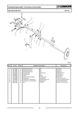 Umrüstsatz Spuranreißer / Conversion set track marker
682 1249 in 682 1274 582 1274
08.04
Pos. Art.-Nr. Stk. Artikeltext / Description
80
Abmessung
1 301 3240 2 Sechskantschraube spz. Bolt M10x45-8.8
2 301 3920 4 Sechskantschraube spz. Bolt M16x80-8.8
3 301 5385 2 Sechskantschraube spz. Bolt M16x55-10.9
4 303 0935 6 Sicherungsmutter Selflocking nut DIN985-NM16-8 Zn
5 303 0970 2 Sechskantmutter Nut M10 DIN934-8
6 305 8749 6 Scheibe Washer 26,9/16,9x8,2 Zn
7 317 3408 4 Einspannbuchse mit Preßsitz Expansion bush EG25/32x20
8 323 6349 2 Schmiernippel Grease nipple CM10x1 DIN71412-90°
9 375 4500 2 Einstellbare W-Verschraubung Adjustable angle union x-evW12-LM DKO24° M18x1,5
10 482 1273 2 Schwenkarm I zum Spuranreißer Swinging arm I Zirkon 250+300+400+450
11 482 1285 2 Flach Flat steel 50x18x710 1xD16,25/10,25
 