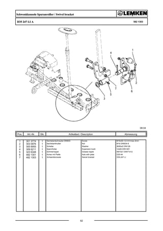 Schwenkkonsole Spuranreißer / Swivel bracket
D35 247 LI A 582 1303
08.04
Pos. Art.-Nr. Stk. Artikeltext / Description
82
Abmessung
1 301 3774 1 Sechskantschraube DIN933 Screw M16x50-12.9 A=max.3mm
2 303 0976 1 Sechskantmutter Nut M16 DIN934-8
3 305 6955 1 Scheibe Washer 36/60x5 DIN126
4 309 6211 1 Spannhülse Expansion bush 12x60-DIN1481
5 323 6348 1 Schmiernippel Grease nipple AM10x1 DIN71412
6 482 1301 1 Achse mit Platte Axle with plate D35-44
7 482 1303 1 Schwenkkonsole Swivel bracket D35-247 LI
 