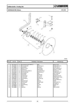 Zuführscheibe / Feeding disc
D450/60x20 RE Zirkon 657 2432
08.04
Pos. Art.-Nr. Stk. Artikeltext / Description
85
Abmessung
1 301 4019 2 Sechskantschraube DIN931-A Bolt M16x110-8.8
2 303 0935 2 Sicherungsmutter Selflocking nut DIN985-NM16-8 Zn
3 311 8605 1 Federstecker Spring pin 5 DIN11024 Zn
4 313 8140 1 Bolzen mit Griff Pin with grip GB D16x50,8/70 Zn
5 457 2434 1 Halmführung Stalk guiding 60x60x7,1 21,5/62
6 301 6123 6 Senkschraube DIN7991-A Countersunk bolt M10x30-10.9
7 303 0933 6 Sicherungsmutter Selflocking nut DIN985-NM10-8 Zn
8 323 0410 1 Schutzkappe Cap D81/77/40x18x2
9 349 0458 1 Hohlscheibe Hollow disc D450/100x5
10 457 2430 1 Scheibenträger Disc carrier 60x20x514 D50 RE
11 303 0193 1 Kronenmutter Castle nut DIN937-M24x1,5-22H
12 305 8924 2 Sicherungsring Securing ring 62x2 DIN472
13 311 7613 1 Splint Peg 3,2x40 DIN94-St Zn
14 319 9116 2 Kegelrollenlager Bearing 30206.
15 323 6345 1 Schmiernippel Grease nipple LAM 6 DIN71412
16 323 7641 1 Dichtung Seal D120/65x1,6
17 323 8032 2 Wellendichtring Oil seal 40x55x7 BA
18 447 8882 1 Nabe Hub 668 A
19 547 8883 1 Lagerung Bearing 668A 2x30206
 