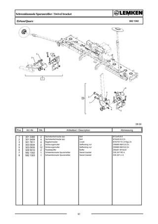 Schwenkkonsole Spuranreißer / Swivel bracket
Zirkon/Quarz 682 1302
08.04
Pos. Art.-Nr. Stk. Artikeltext / Description
91
Abmessung
1 301 3366 2 Sechskantschraube spz. Bolt M12x45-8.8
2 301 5409 4 Sechskantschraube spz. Bolt M16x50-8.8 Zn
3 301 7811 4 Bügelschraube U-bolt M16/70/110 (310lg) Zn
4 303 0934 2 Sicherungsmutter Selflocking nut DIN985-NM12-8 Zn
5 303 0935 12 Sicherungsmutter Selflocking nut DIN985-NM16-8 Zn
6 329 5010 2 Parabelpuffer Buffer D50x61-M10x33
7 582 1302 1 Schwenkkonsole Spuranreißer Swivel bracket D35 247 RE A
8 582 1303 1 Schwenkkonsole Spuranreißer Swivel bracket D35 247 LI A
 