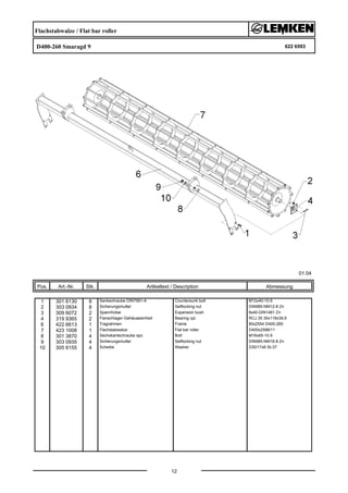 Flachstabwalze / Flat bar roller
D400-260 Smaragd 9 622 6593
01.04
Pos. Art.-Nr. Stk. Artikeltext / Description
12
Abmessung
1 301 6130 8 Senkschraube DIN7991-A Countersunk bolt M12x40-10.9
2 303 0934 8 Sicherungsmutter Selflocking nut DIN985-NM12-8 Zn
3 309 6072 2 Spannhülse Expansion bush 8x40-DIN1481 Zn
4 319 9365 2 Flanschlager-Gehäuseeinheit Bearing cpl. RCJ 35 35x118x39,9
6 422 6613 1 Tragrahmen Frame 80x2554 D400-260
7 423 1008 1 Flachstabwalze Flat bar roller D400x2598/11
8 301 3870 4 Sechskantschraube spz. Bolt M16x65-10.9
9 303 0935 4 Sicherungsmutter Selflocking nut DIN985-NM16-8 Zn
10 305 6155 4 Scheibe Washer D30/17x6 St-37
 
