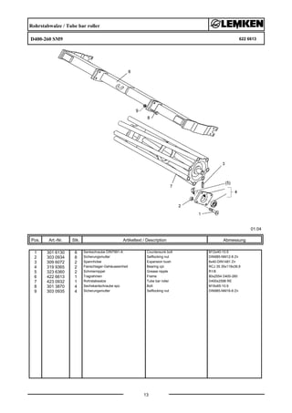Rohrstabwalze / Tube bar roller
D400-260 SM9 622 6613
01.04
Pos. Art.-Nr. Stk. Artikeltext / Description
13
Abmessung
1 301 6130 8 Senkschraube DIN7991-A Countersunk bolt M12x40-10.9
2 303 0934 8 Sicherungsmutter Selflocking nut DIN985-NM12-8 Zn
3 309 6072 2 Spannhülse Expansion bush 8x40-DIN1481 Zn
4 319 9365 2 Flanschlager-Gehäuseeinheit Bearing cpl. RCJ 35 35x118x39,9
5 323 6360 2 Schmiernippel Grease nipple R1/8
6 422 6613 1 Tragrahmen Frame 80x2554 D400-260
7 423 0932 1 Rohrstabwalze Tube bar roller D400x2598 RE
8 301 3870 4 Sechskantschraube spz. Bolt M16x65-10.9
9 303 0935 4 Sicherungsmutter Selflocking nut DIN985-NM16-8 Zn
 
