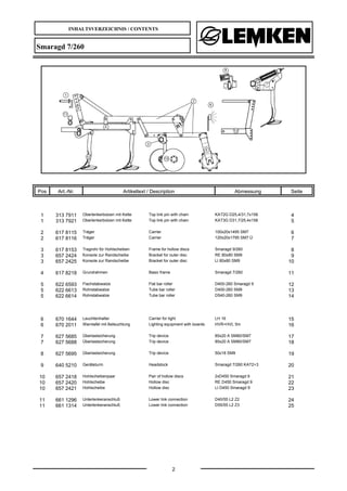 INHALTSVERZEICHNIS / CONTENTS
2
Smaragd 7/260
Pos Art.-Nr. Artikeltext / Description Abmessung Seite
1 313 7911 Oberlenkerbolzen mit Kette Top link pin with chain KAT2G D25,4/31,7x158 4
1 313 7921 Oberlenkerbolzen mit Kette Top link pin with chain KAT3G D31,7/25,4x158 5
2 617 8115 Träger Carrier 100x20x1495 SM7 6
2 617 8116 Träger Carrier 120x20x1795 SM7 Ü 7
3 617 8153 Tragrohr für Hohlscheiben Frame for hollow discs Smaragd 9/260 8
3 657 2424 Konsole zur Randscheibe Bracket for outer disc RE 80x80 SM9 9
3 657 2425 Konsole zur Randscheibe Bracket for outer disc LI 80x80 SM9 10
4 617 8218 Grundrahmen Basic frame Smaragd 7/260 11
5 622 6593 Flachstabwalze Flat bar roller D400-260 Smaragd 9 12
5 622 6613 Rohrstabwalze Tube bar roller D400-260 SM9 13
5 622 6614 Rohrstabwalze Tube bar roller D540-260 SM9 14
6 670 1644 Leuchtenhalter Carrier for light LH 16 15
6 670 2011 Warntafel mit Beleuchtung Lighting equipment with boards HVR+HVL 5m 16
7 627 5685 Überlastsicherung Trip device 85x20 A SM80/SM7 17
7 627 5688 Überlastsicherung Trip device 85x20 A SM80/SM7 18
8 627 5695 Überlastsicherung Trip device 50x18 SM9 19
9 640 5210 Geräteturm Headstock Smaragd 7/260 KAT2+3 20
10 657 2418 Hohlscheibenpaar Pair of hollow discs 2xD450 Smaragd 9 21
10 657 2420 Hohlscheibe Hollow disc RE D450 Smaragd 9 22
10 657 2421 Hohlscheibe Hollow disc LI D450 Smaragd 9 23
11 661 1296 Unterlenkeranschluß Lower link connection D40/55 L2 Z2 24
11 661 1314 Unterlenkeranschluß Lower link connection D55/55 L2 Z3 25
 