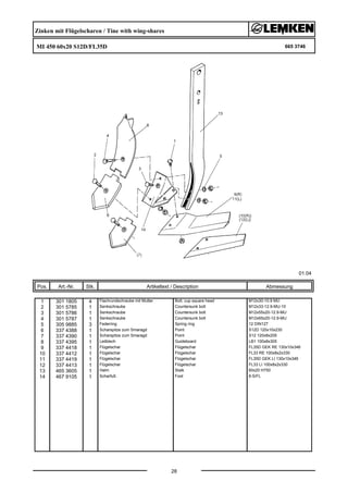 Zinken mit Flügelscharen / Tine with wing-shares
MI 450 60x20 S12D/FL35D 665 3746
01.04
Pos. Art.-Nr. Stk. Artikeltext / Description
28
Abmessung
1 301 1805 4 Flachrundschraube mit Mutter Bolt, cup square head M12x30-10.9 MU
2 301 5785 1 Senkschraube Countersunk bolt M12x33-12.9-MU-10
3 301 5786 1 Senkschraube Countersunk bolt M12x55x20-12.9-MU
4 301 5787 1 Senkschraube Countersunk bolt M12x65x20-12.9-MU
5 305 9885 3 Federring Spring ring 12 DIN127
6 337 4388 1 Scharspitze zum Smaragd Point S12D 120x10x230
7 337 4390 1 Scharspitze zum Smaragd Point S12 120x8x205
8 337 4395 1 Leitblech Guideboard LB1 100x8x305
9 337 4418 1 Flügelschar Flügelschar FL35D GEK RE 130x10x346
10 337 4412 1 Flügelschar Flügelschar FL33 RE 100x8x2x330
11 337 4419 1 Flügelschar Flügelschar FL35D GEK LI 130x10x346
12 337 4413 1 Flügelschar Flügelschar FL33 LI 100x8x2x330
13 465 3605 1 Halm Stalk 60x20 H750
14 467 9105 1 Scharfuß Foot 8-S/FL
 