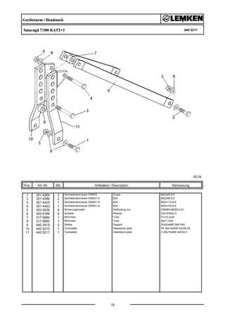 Geräteturm / Headstock
Smaragd 7/300 KAT2+3 640 5211
05.04
Pos. Art.-Nr. Stk. Artikeltext / Description
19
Abmessung
1 301 4269 2 Sechskantschraube DIN933 Screw M20x60-8.8
2 301 4286 2 Sechskantschraube DIN931-A Bolt M20x65-8.8
3 301 4425 1 Sechskantschraube DIN931-A Bolt M20x110-8.8
4 301 4463 1 Sechskantschraube DIN931-A Bolt M20x130-8.8
5 303 0936 6 Sicherungsmutter Selflocking nut DIN985-NM20-8 Zn
6 305 6186 6 Scheibe Washer D20,5/40x2,5
7 317 6880 1 Röhrchen Tube 51x14,2x30
8 317 6890 1 Röhrchen Tube 38x7,1x54
9 440 3514 2 Strebe Support 50x20x980 SM7/300
10 440 5210 1 Turmplatte Headstock plate RE 80x15x600 4xD26,25
11 440 5211 1 Turmplatte Headstock plate LI 80x15x600 4xD32,5
 