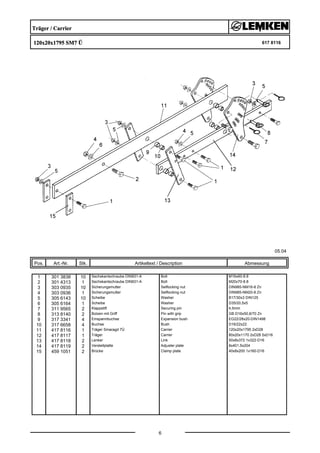 Träger / Carrier
120x20x1795 SM7 Ü 617 8116
05.04
Pos. Art.-Nr. Stk. Artikeltext / Description
6
Abmessung
1 301 3838 10 Sechskantschraube DIN931-A Bolt M16x60-8.8
2 301 4313 1 Sechskantschraube DIN931-A Bolt M20x70-8.8
3 303 0935 10 Sicherungsmutter Selflocking nut DIN985-NM16-8 Zn
4 303 0936 1 Sicherungsmutter Selflocking nut DIN985-NM20-8 Zn
5 305 6143 10 Scheibe Washer B17/30x3 DIN125
6 305 6164 1 Scheibe Washer D35/20,5x5
7 311 9565 2 Klappstift Securing pin 4,5mm
8 313 8140 2 Bolzen mit Griff Pin with grip GB D16x50,8/70 Zn
9 317 3341 4 Einspannbuchse Expansion bush EG22/28x20-DIN1498
10 317 6658 4 Buchse Bush D16/22x22
11 417 8116 1 Träger Smaragd 7Ü Carrier 120x20x1795 2xD28
12 417 8117 1 Träger Carrier 80x20x1170 2xD28 5xD16
13 417 8118 2 Lenker Link 50x8x372 1x322-D16
14 417 8119 2 Verstellplatte Adjuster plate 8x401,5x204
15 459 1051 2 Brücke Clamp plate 40x8x200 1x160-D16
 