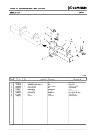 Konsole zur Randscheibe / Bracket for outer disc
LI 80x80 SM9 657 2425
05.04
Pos. Art.-Nr. Stk. Artikeltext / Description
9
Abmessung
1 301 3240 1 Sechskantschraube spz. Bolt M10x45-8.8
2 301 4038 4 Sechskantschraube DIN931-A Bolt M16x120-8.8
3 303 0935 4 Sicherungsmutter Selflocking nut DIN985-NM16-8 Zn
4 303 0970 1 Sechskantmutter Nut M10 DIN934-8
5 305 8551 2 Federsicherung Securing clip 41x3
6 313 1530 1 Bolzen mit Griff Pin with grip GB D15x41,8/60
7 313 8715 1 Bolzen mit Griff Pin with grip GB D16x116,75/135-Zn
8 417 6307 2 Platte Plate 142x162,2x12
9 417 6309 1 Seitenteil Lateral part 80x80x348 SM9 LI
 