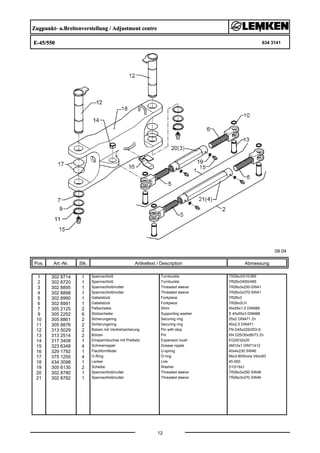 Zugpunkt- u.Breitenverstellung / Adjustment centre
E-45/550 634 3141
09.04
Pos. Art.-Nr. Stk. Artikeltext / Description
12
Abmessung
1 302 8714 1 Spannschloß Turnbuckle TR26x3/510/365
2 302 8720 1 Spannschloß Turnbuckle TR26x3/650/485
3 302 8895 1 Spannschloßmutter Threaded sleeve TR26x3x250-SW41
4 302 8898 1 Spannschloßmutter Threaded sleeve TR26x3x370-SW41
5 302 8990 1 Gabelstück Forkpiece TR26x3
6 302 8991 1 Gabelstück Forkpiece TR26x3LH
7 305 2125 2 Paßscheibe Shim 45x55x1,0 DIN988
9 305 2252 6 Stützscheibe Supporting washer S 45x55x3 DIN988
10 305 8861 2 Sicherungsring Securing ring 25x2 DIN471 Zn
11 305 8876 2 Sicherungsring Securing ring 45x2,5 DIN471
12 313 5029 2 Bolzen mit Verdrehsicherung Pin with stop FN D45x229/253-S
13 313 2514 2 Bolzen Pin KN D25/30x56/73 Zn
14 317 3408 1 Einspannbuchse mit Preßsitz Expansion bush EG25/32x20
15 323 6348 4 Schmiernippel Grease nipple AM10x1 DIN71412
16 329 1792 1 Flachformfeder U-spring 40x4x230 SW46
17 375 1255 4 O-Ring O-ring 68x3-80Shore Viton83
18 434 3098 1 Lenker Link 45-550
19 305 6130 2 Scheibe Washer D10/16x1
20 302 8780 1 Spannschloßmutter Threaded sleeve TR26x3x250 SW46
21 302 8782 1 Spannschloßmutter Threaded sleeve TR26x3x370 SW46
 