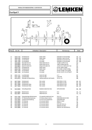 INHALTSVERZEICHNIS / CONTENTS
3
EurOpal 5
Pos Art.-Nr. Artikeltext / Description Abmessung Seite
11 548 4155 Pendelstützrad Depth wheel D20x200/110 E5+E6 555lg 40 .. 41
11 548 4165 Pendelstützrad Depth wheel D20x200/110x615 E5+E6 42 .. 43
11 549 1338 Uni-Pendelrad Uni-wheel D20x200/110 E5+E6 5/140 44 .. 46
11 549 1339 Uni-Pendelrad Uni-wheel D20x200/110 E5+E6 6/205 47 .. 49
11 549 8849 Rad 5/94/140 D14 Wheel 5/94/140 D14 10.0/80-12 8PR ET-25 50
11 549 8859 Rad 5/94/140 D14 Wheel 5/94/140 D14 185R14 D650x188 4PR 51
11 550 8863 Rad 6/161/205 D18 Wheel 6/161/205 D18 10.0/75-15.3 12PR AW ET-25 52
11 648 4155 Pendelstützrad Depth wheel E5+E6 195R15 555lg 53
11 648 4156 Pendelstützrad Depth wheel E5 10.0/80-12 5/94/14 555lg 54
11 649 1338 Uni-Pendelrad Uni-wheel E5+E6 10.0/80-12 D710x264 55
11 649 1339 Uni-Pendelrad Uni-wheel E5+E6 10.0/75-15.3 D770x277 56
12 670 1151 Leuchtenhalter Carrier for light LH 1 57
12 670 1200 Leuchtenhalter Carrier for light LH3A UNI 58
12 670 2012 Warntafel mit Beleuchtung Lighting equipment with boards HR+HL 7m 59
13 657 7839 Scheibensech Disc coulter E5/6 D500 A Z-Z40 60 .. 61
13 657 7840 Scheibensech Disc coulter E5/6 D500 A G-Z40 62 .. 63
13 657 7848 Scheibensech Mais Disc coulter E5/6 D500-M G-40Z 64 .. 65
13 657 7849 Scheibensech Mais Disc coulter E5/6 D500-M Z-40Z 66 ... 67
14 642 6809 Grenzpflugscheibe Headland attachment disc GPS-E5/6-D530 68 .. 69
15 622 2660 Mitnehmerarm Attachment arm E1V 70 .. 71
15 622 2661 Mitnehmerarm Attachment arm E2V 72 .. 73
16 675 1340 Hydraulikanlage Mitnehmerarm HY-assembly attachment arm PA-E1-D 74
16 675 3276 HY-Rahmeneinschwenkung HY-frame swing-in device DZ63/36/80-525 E5 RES 75
16 675 3550 Vorderfurcheneinstellung HY-front furrow adjustment DZ63/36/80-505 76
16 675 3634 HY-Drehung HY-turnover device D63/IV-A 240H 77
16 675 3635 HY-Drehung HY-turnover device D70/IV-A 78
16 675 3639 HY-Drehung HY-turnover device D70 VÜP HPS-II-A 79
16 675 3655 HY-Drehung HY-turnover device D80/240 Vari-Stop 80
16 675 3656 HY-Drehung HY-turnover device D80/240 Vari-Stop-Memory 81
 