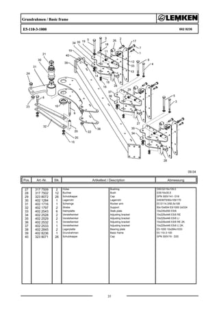 Grundrahmen / Basic frame
E5-110-3-1000 602 8236
09.04
Pos. Art.-Nr. Stk. Artikeltext / Description
31
Abmessung
27 317 7509 2 Hülse Bushing D50/32/16x109,5
28 317 7502 12 Buchse Bush D35/16x30,5
29 323 8072 26 Schutzkappe Cap GPN 300V141- D16
30 402 1284 1 Lagerrohr Lagerrohr D45/M75/90x109/170
31 402 1716 1 Schwinge Rocker arm E5 D114,3/90,5x108
32 402 1797 2 Strebe Support 50x15x654 E5/1000 2xD24
33 402 2543 6 Halmplatte Stalk plate 10x235x550 E5/6
34 402 2528 2 Verstellwinkel Adjusting bracket 10x229x446 E5/6 RE
35 402 2529 2 Verstellwinkel Adjusting bracket 10x229x446 E5/6 LI
36 402 2532 1 Verstellwinkel Adjusting bracket 10x229x446 E5/6 RE 2K.
37 402 2533 1 Verstellwinkel Adjusting bracket 10x229x446 E5/6 LI 2K.
38 402 2845 2 Lagerplatte Bearing plate E5-1000 10x284x1033
39 402 8236 1 Grundrahmen Basic frame E5 110-3-100
40 323 8071 26 Schutzkappe Cap GPN 300V19 - D20
 