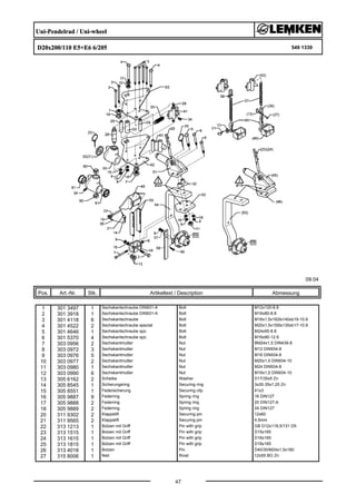 Uni-Pendelrad / Uni-wheel
D20x200/110 E5+E6 6/205 549 1339
09.04
Pos. Art.-Nr. Stk. Artikeltext / Description
47
Abmessung
1 301 3497 1 Sechskantschraube DIN931-A Bolt M12x120-8.8
2 301 3918 1 Sechskantschraube DIN931-A Bolt M16x80-8.8
3 301 4118 6 Sechskantschraube Bolt M16x1,5x162ls140xb19-10.9
4 301 4522 2 Sechskantschraube spezial Bolt M20x1,5x155ls135xb17-10.9
5 301 4646 1 Sechskantschraube spz. Bolt M24x95-8.8
6 301 5370 4 Sechskantschraube spz. Bolt M16x90-12.9
7 303 0956 2 Sechskantmutter Nut BM24x1,5 DIN439-8
8 303 0972 3 Sechskantmutter Nut M12 DIN934-8
9 303 0976 5 Sechskantmutter Nut M16 DIN934-8
10 303 0977 2 Sechskantmutter Nut M20x1,5 DIN934-10
11 303 0980 1 Sechskantmutter Nut M24 DIN934-8
12 303 0990 6 Sechskantmutter Nut M16x1,5 DIN934-10
13 305 6162 2 Scheibe Washer D17/35x5 Zn
14 305 8545 1 Sicherungsring Securing ring 3x30-35x1,25 Zn
15 305 8551 1 Federsicherung Securing clip 41x3
16 305 9887 9 Federring Spring ring 16 DIN127
17 305 9888 2 Federring Spring ring 20 DIN127-A
18 305 9889 2 Federring Spring ring 24 DIN127
20 311 9302 2 Klappstift Securing pin 12x60
21 311 9565 2 Klappstift Securing pin 4,5mm
22 313 1213 1 Bolzen mit Griff Pin with grip GB D12x118,5/131 D5
23 313 1515 1 Bolzen mit Griff Pin with grip D15x165
24 313 1615 1 Bolzen mit Griff Pin with grip D16x165
25 313 1815 1 Bolzen mit Griff Pin with grip D18x165
26 313 4018 1 Bolzen Pin D40/30/M24x1,5x180
27 315 8006 1 Niet Rivet 12x55 BO Zn
 