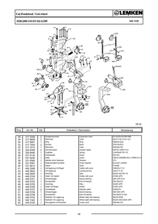 Uni-Pendelrad / Uni-wheel
D20x200/110 E5+E6 6/205 549 1339
09.04
Pos. Art.-Nr. Stk. Artikeltext / Description
48
Abmessung
28 317 3336 2 Einspannbuchse Expansion bush EG16/22x18-DIN1498
29 317 6859 2 Röhrchen Tube 26,9/17,9x119,3+-0,5
30 317 6907 1 Ring Ring D88/40,5x20
32 317 7504 2 Buchse Bush D35/16x35,5
33 317 7510 1 Röhrchen Tube D40/20x120
34 323 6348 2 Schmiernippel Grease nipple AM10x1 DIN71412
35 329 8496 1 Zugfeder Spring 2,8x30x90 D31/12
36 331 6130 1 Knotenkette Chain D2x150
37 331 6246 1 Kette Chain G8x32 DIN5685 6GL 21MN4 Zn-V
38 331 8380 1 Malotte ohne Gewinde Shackle D13
39 331 8381 1 Kettenschäkel hochfest Chain shackle 8x13x27 LA0302
40 331 9012 1 Haken Hook D16x90
41 448 2598 1 Verriegelung mit Bügel Holder with pivot D38/22x117,5
42 448 2603 1 Verriegelung Locking device D22x117 E7
43 448 2605 1 Anschlag Stop 60x30 2xD16x119
44 449 5745 1 Halter mit Zapfen Holder with pivot 47x95 UPR
45 449 5751 1 Schwenklager Swivel bearing D60 UPR D16
46 449 5752 1 Konsolenteil Part of bracket 20x190x210
48 449 5755 1 Anschlag Stop 52x95 UPR
49 449 5756 1 Halter mit Bügel Holder 47x95 UPR
50 449 5757 2 Verstelleiste Adjuster plate 50x6x270
51 449 5758 1 Schwenklager Swivel bearing D60 D20 UPR
52 449 5759 1 Konsolenteil Part of bracket 20x190x210 D20
53 449 5754 1 Radhalm mit Lagerung Wheel stalk with bearing 80x35 6/205
54 549 1342 1 Radhalm mit Lagerung Wheel stalk with bearing 80x35 D20 6/205 UPR
55 549 5750 1 Kreuzgelenk mit Buchsen Cross union D60/44x120
 