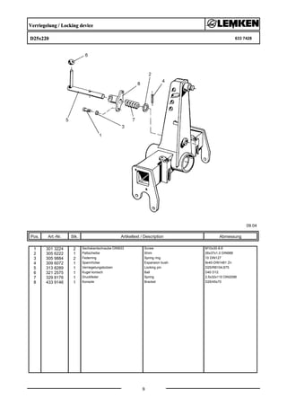 Verriegelung / Locking device
D25x220 633 7428
09.04
Pos. Art.-Nr. Stk. Artikeltext / Description
9
Abmessung
1 301 3224 2 Sechskantschraube DIN933 Screw M10x30-8.8
2 305 6222 1 Paßscheibe Shim 26x37x1,0 DIN988
3 305 9884 2 Federring Spring ring 10 DIN127
4 309 6072 1 Spannhülse Expansion bush 8x40-DIN1481 Zn
5 313 8289 1 Verriegelungsbolzen Locking pin D25/RB104,875
6 321 2575 1 Kugel konisch Ball D40 D12
7 329 8176 1 Druckfeder Spring 2,5x32x110 DIN2098
8 433 9146 1 Konsole Bracket D26/45x70
 