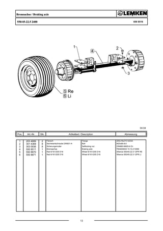 Bremsachse / Braking axle
550/45-22.5 2400 650 8516
04.04
Pos. Art.-Nr. Stk. Artikeltext / Description
13
Abmessung
1 203 4689 2 Flansch Flange 200x18x210 4xD22
2 301 4369 8 Sechskantschraube DIN931-A Bolt M20x85-8.8
3 303 0936 8 Sicherungsmutter Selflocking nut DIN985-NM20-8 Zn
4 550 8511 1 Bremsachse Braking axle PBA6006S4 10.10.213599
5 550 8870 1 Rad 6/161/205 D18 Wheel 6/161/205 D18 Alliance 550/45-22.5 12PR RE
6 550 8871 1 Rad 6/161/205 D18 Wheel 6/161/205 D18 Alliance 550/45-22.5 12PR LI
 