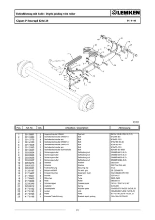 Tiefenführung mit Rolle / Depth guiding with roller
Gigant-P Smaragd 120x120 617 8196
04.04
Pos. Art.-Nr. Stk. Artikeltext / Description
21
Abmessung
1 301 0861 2 Augenschraube DIN444 Eye bolt BM16x160-8.8 D2=16,1 Zn
2 301 3383 2 Sechskantschraube DIN931-A Bolt M12x55-8.8
3 301 3779 3 Sechskantschraube spz. Bolt M16x60-10.9
4 301 4123 2 Sechskantschraube DIN931-A Bolt M16x180-8.8 Zn
5 301 4508 1 Sechskantschraube DIN931-A Bolt M20x160-8.8
6 301 5385 2 Sechskantschraube spz. Bolt M16x55-10.9
7 301 4637 1 Sechskantschraube-Schmierbohr. Bolt M24x85-8.8 MSB
8 303 0934 2 Sicherungsmutter Selflocking nut DIN985-NM12-8 Zn
9 303 0935 9 Sicherungsmutter Selflocking nut DIN985-NM16-8 Zn
10 303 0936 1 Sicherungsmutter Selflocking nut DIN985-NM20-8 Zn
11 303 0937 1 Sicherungsmutter Selflocking nut DIN985-NM24-8 Zn
12 305 6274 2 Scheibe Washer D50/25x8
13 305 6320 2 Scheibe Washer D22/70x6 DIN 440
14 305 8551 1 Federsicherung Securing clip 41x3
15 313 8147 1 Bolzen mit Griff Pin with grip GB D20x68/78
16 317 3407 1 Einspannbuchse Expansion bush EG24/32x20-DIN1498
17 317 6657 4 Buchse Bush D20/28x22
18 317 6865 1 Röhrchen Tube 35/26,2x20
19 317 9636 2 Rolle Roller D80/28x43
20 323 6349 1 Schmiernippel Grease nipple CM10x1 DIN71412-90°
21 329 8612 1 Zugfeder Spring 9x45x400
22 417 8192 2 Verstellplatte Adjuster plate 10x426x375 16xD20 3xD16,25
23 417 8193 1 Lenker Link 120x20x950 1xD32 1xD16,25
24 417 8194 2 Platte Plate 8x170x190 2xD16 1xD20.25
25 417 8196 1 Konsole Tiefenführung Bracket depth guiding 120x120x120 D24/21
 
