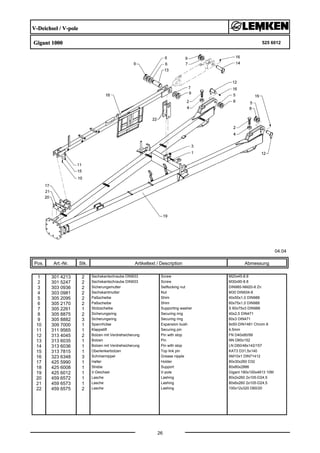 V-Deichsel / V-pole
Gigant 1000 525 6012
04.04
Pos. Art.-Nr. Stk. Artikeltext / Description
26
Abmessung
1 301 4213 2 Sechskantschraube DIN933 Screw M20x45-8.8
2 301 5247 2 Sechskantschraube DIN933 Screw M30x90-8.8
3 303 0936 2 Sicherungsmutter Selflocking nut DIN985-NM20-8 Zn
4 303 0981 2 Sechskantmutter Nut M30 DIN934-8
5 305 2095 2 Paßscheibe Shim 40x50x1,0 DIN988
6 305 2170 2 Paßscheibe Shim 60x75x1,0 DIN988
7 305 2261 1 Stützscheibe Supporting washer S 60x75x3 DIN988
8 305 8875 2 Sicherungsring Securing ring 40x2,5 DIN471
9 305 8882 3 Sicherungsring Securing ring 60x3 DIN471
10 309 7000 1 Spannhülse Expansion bush 8x50-DIN1481 Chrom 8
11 311 9565 1 Klappstift Securing pin 4,5mm
12 313 4045 2 Bolzen mit Verdrehsicherung Pin with stop FN D40x80/99
13 313 6035 1 Bolzen Pin NN D60x152
14 313 6036 1 Bolzen mit Verdrehsicherung Pin with stop LN D60/48x142/157
15 313 7815 1 Oberlenkerbolzen Top link pin KAT3 D31,5x140
16 323 6348 3 Schmiernippel Grease nipple AM10x1 DIN71412
17 425 5990 1 Halter Holder 80x30x260 D32
18 425 6008 1 Strebe Support 80x80x2886
19 425 6012 1 V-Deichsel V-pole Gigant 180x100x4813 10M
20 459 6572 1 Lasche Lashing 80x2x260 2x105-D24,5
21 459 6573 1 Lasche Lashing 80x6x260 2x105-D24,5
22 459 6575 2 Lasche Lashing 100x12x320 D60/20
 