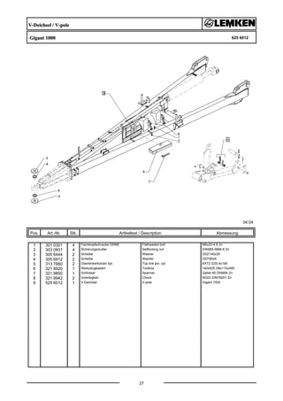 V-Deichsel / V-pole
Gigant 1000 625 6012
04.04
Pos. Art.-Nr. Stk. Artikeltext / Description
27
Abmessung
1 301 0301 4 Flachkopfschraube DIN85 Flatheaded bolt M6x20-4,6 Zn
2 303 0931 4 Sicherungsmutter Selflocking nut DIN985-NM6-8 Zn
3 305 6444 2 Scheibe Washer D52/140x25
4 305 6912 2 Scheibe Washer D57/90x6
5 313 7880 2 Oberlenkerbolzen kpl. Top link pin, cpl. KAT2 D25,4x140
6 321 8920 1 Werkzeugkasten Toolbox 140x505 D8x110x480
7 321 9850 1 Schlüssel Spanner Gabel 46 DIN894 Zn
8 321 9942 2 Unterlegkeil Chock NG53 DIN76051 Zn
9 525 6012 1 V-Deichsel V-pole Gigant 1000
 