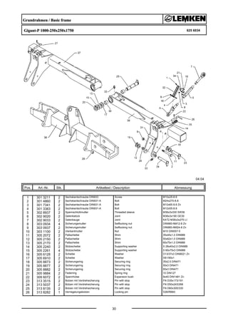 Grundrahmen / Basic frame
Gigant-P 1000-250x250x1750 625 6034
04.04
Pos. Art.-Nr. Stk. Artikeltext / Description
30
Abmessung
1 301 3211 2 Sechskantschraube DIN933 Screw M10x25-8.8
2 301 4860 2 Sechskantschraube DIN931-A Bolt M24x270-8.8
3 301 7341 2 Sechskantschraube DIN931-A Bolt M12x65-8.8 Zn
4 301 3383 2 Sechskantschraube DIN931-A Bolt M12x55-8.8
5 302 8937 2 Spannschloßmutter Threaded sleeve M36x3x330 SW36
6 302 9020 2 Gelenkstück Joint M36x3x190 GE35
7 302 9033 2 Gelenkauge Joint KAT2 M36x3x270 LI
8 303 0934 4 Sicherungsmutter Selflocking nut DIN985-NM12-8 Zn
9 303 0937 2 Sicherungsmutter Selflocking nut DIN985-NM24-8 Zn
10 303 1100 2 Vierkantmutter Nut M10 DIN557-5
11 305 2072 2 Paßscheibe Shim 35x45x1,0 DIN988
12 305 2150 2 Paßscheibe Shim 50x62x1,0 DIN988
13 305 2170 2 Paßscheibe Shim 60x75x1,0 DIN988
14 305 2240 2 Stützscheibe Supporting washer S 28x40x2,0 DIN988
15 305 2261 4 Stützscheibe Supporting washer S 60x75x3 DIN988
16 305 6128 2 Scheibe Washer D13/37x3 DIN9021 Zn
17 305 6910 2 Scheibe Washer D61/90x1
18 305 8873 2 Sicherungsring Securing ring 35x2,5 DIN471
19 305 8877 2 Sicherungsring Securing ring 50x3 DIN471
20 305 8882 2 Sicherungsring Securing ring 60x3 DIN471
21 305 9884 2 Federring Spring ring 10 DIN127
22 309 6072 2 Spannhülse Expansion bush 8x40-DIN1481 Zn
23 313 3515 2 Bolzen mit Verdrehsicherung Pin with stop FN D35x173/191
24 313 5037 2 Bolzen mit Verdrehsicherung Pin with stop FN D50x243/268
25 313 8135 2 Bolzen mit Verdrehsicherung Pin with stop FN D60x305/330
26 313 8282 1 Verriegelungsbolzen Locking pin D26/RB83
 