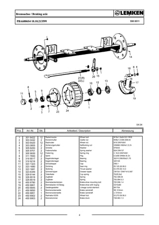 Bremsachse / Braking axle
PBA6006S4 10.10.213599 550 8511
04.04
Pos. Art.-Nr. Stk. Artikeltext / Description
4
Abmessung
1 301 6422 12 Radschraube Wheel bolt M18x1,5x64-D21 REB
2 303 0242 2 Kronenmutter Castle nut M36x1,5 600.008.04
3 303 6420 12 Radmutter Wheel nut B18 DIN74361
4 303 0855 2 Sicherungsmutter Selflocking nut DIN980-VM24x1,5 Zn
5 305 6450 2 Scheibe Washer 970033
6 305 9701 2 Federscheibe Spring washer B24 DIN137
7 305 9930 12 Federring Spring ring C 18,5 DIN74361
8 311 7650 2 Splint Peg 6,3x56 DIN94-St Zn
9 319 9017 2 Kegelrollenlager Bearing 30210 D90/50x21,75
10 319 9216 2 Kegelrollenlager Bearing 32014X
11 323 1323 2 Schutzkappe Cap D90,1
12 323 1680 2 Dichtring Seal ring 05.120.26.08.0
13 323 1681 2 Stoßring Thrust washer 03.370.05.14.0
14 323 6349 2 Schmiernippel Grease nipple CM10x1 DIN71412-90°
15 329 6144 2 Tellerfeder Cup spring 70/25,5x2
16 329 8518 2 Zugfeder Spring 702.306.04
17 329 8519 2 Zugfeder Spring 700.064.0.3
18 450 6780 2 Bremsbackenbolzen Brake-shoe mounting bolt 725.556.1.4
19 450 6801 4 Bremsbacke mit Belag Brake-shoe with linging D310x80
20 450 6845 2 Gestängesteller Linkage contol element 681704
21 450 6850 1 Bremsnockenwelle Brake camshaft RE 310mm
22 450 6851 1 Bremsnockenwelle Brake camshaft LI 310mm
23 450 6902 2 Radnabe 6/205 Wheel hub 03.272.09.56.0
24 450 6903 2 Bremstrommel Brake drum 728.083.1.3
 
