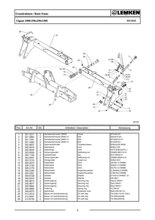 Grundrahmen / Basic frame
Gigant 1000-250x250x1500 625 6032
04.04
Pos. Art.-Nr. Stk. Artikeltext / Description
8
Abmessung
1 301 3211 2 Sechskantschraube DIN933 Screw M10x25-8.8
2 301 4860 2 Sechskantschraube DIN931-A Bolt M24x270-8.8
3 301 7341 2 Sechskantschraube DIN931-A Bolt M12x65-8.8 Zn
4 301 3383 2 Sechskantschraube DIN931-A Bolt M12x55-8.8
5 302 8937 2 Spannschloßmutter Threaded sleeve M36x3x330 SW36
6 302 9018 2 Gelenkstück Joint M36x3 D35
7 302 9033 2 Gelenkauge Joint KAT2 M36x3x270 LI
8 303 0934 4 Sicherungsmutter Selflocking nut DIN985-NM12-8 Zn
9 303 1100 2 Vierkantmutter Nut M10 DIN557-5
10 303 0937 2 Sicherungsmutter Selflocking nut DIN985-NM24-8 Zn
11 303 3110 2 Schlagmutter Impact nut M36x3 65-5
12 305 2072 2 Paßscheibe Shim 35x45x1,0 DIN988
13 305 2150 2 Paßscheibe Shim 50x62x1,0 DIN988
14 305 2170 2 Paßscheibe Shim 60x75x1,0 DIN988
15 305 2240 2 Stützscheibe Supporting washer S 28x40x2,0 DIN988
16 305 2261 4 Stützscheibe Supporting washer S 60x75x3 DIN988
17 305 6128 2 Scheibe Washer D13/37x3 DIN9021 Zn
18 305 6910 2 Scheibe Washer D61/90x1
19 305 8873 2 Sicherungsring Securing ring 35x2,5 DIN471
20 305 8877 2 Sicherungsring Securing ring 50x3 DIN471
21 305 8882 2 Sicherungsring Securing ring 60x3 DIN471
22 305 9884 2 Federring Spring ring 10 DIN127
23 309 6072 2 Spannhülse Expansion bush 8x40-DIN1481 Zn
24 313 3514 2 Bolzen mit Verdrehsicherung Pin with stop FN D35x173/191 D34,5
25 313 5037 2 Bolzen mit Verdrehsicherung Pin with stop FN D50x243/268
26 313 8135 2 Bolzen mit Verdrehsicherung Pin with stop FN D60x305/330
 