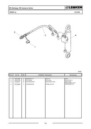 HY-Drehung / HY-turnover device
D70/IV-A 675 3635
08.04
Pos. Art.-Nr. Stk. Artikeltext / Description
103
Abmessung
1 375 2166 2 Staubkappe, rot Cap, red D26,5
2 375 2718 2 SVK-Stecker SVK-socket NW10-M18x1,5
3 475 2617 2 Hydraulikschlauch High-pressure hose 2SN10-1250
DKOL12/DKOL12-45°
4 575 2490 1 Umschaltzylinder Change over ram DZ70/40-240 IV-A
 