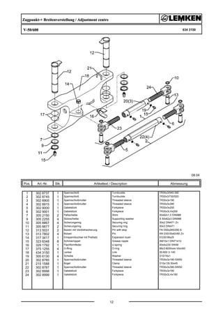 Zugpunkt-+ Breitenverstellung / Adjustment centre
V-50/600 634 3150
08.04
Pos. Art.-Nr. Stk. Artikeltext / Description
12
Abmessung
1 302 8737 1 Spannschloß Turnbuckle TR30x3/540-390
2 302 8745 1 Spannschloß Turnbuckle TR30x3/730/520
3 302 8905 1 Spannschloßmutter Threaded sleeve TR30x3x190
4 302 8915 1 Spannschloßmutter Threaded sleeve TR30x3x390
5 302 9000 1 Gabelstück Forkpiece TR30x3x200
6 302 9001 1 Gabelstück Forkpiece TR30x3LHx200
7 305 2150 2 Paßscheibe Shim 50x62x1,0 DIN988
9 305 2255 4 Stützscheibe Supporting washer S 50x62x3 DIN988
10 305 8867 4 Sicherungsring Securing ring 30x2 DIN471 Zn
11 305 8877 2 Sicherungsring Securing ring 50x3 DIN471
12 313 5031 2 Bolzen mit Verdrehsicherung Pin with stop FN D50x265/290-S
13 313 7802 4 Bolzen Pin KN D30/35x63/80 Zn
14 317 3417 1 Einspannbuchse mit Preßsitz Expansion bush EG30/38x25
15 323 6348 8 Schmiernippel Grease nipple AM10x1 DIN71412
16 329 1792 1 Flachformfeder U-spring 40x4x230 SW46
17 375 1255 4 O-Ring O-ring 68x3-80Shore Viton83
18 434 3150 1 Lenker Link 50-600 V-140
19 305 6130 4 Scheibe Washer D10/16x1
20 302 8785 1 Spannschloßmutter Threaded sleeve TR30x3x190-SW50
21 215 1588 1 Bügel Clamp D10x135 50x45
22 302 8787 1 Spannschloßmutter Threaded sleeve TR30x3x390-SW50
23 302 8998 1 Gabelstück Forkpiece TR30x3x160
24 302 8999 1 Gabelstück Forkpiece TR30x3LHx160
 