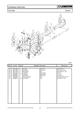 Grundrahmen / Basic frame
VO 7 4-90 602 8701
08.04
Pos. Art.-Nr. Stk. Artikeltext / Description
27
Abmessung
27 402 1660 1 Schwinge Rocker arm D93,5x118 VO 7
28 402 1709 2 Kreuzgelenk Cross union VO7 70x30x173 D30
29 402 1764 2 Steuerstange Rod 50x15x584 VO 7 - 900
30 402 2940 4 Lagerplatte Bearing plate D35 VO 7
31 402 2961 2 Lagerplatte Bearing plate VO-7-900
32 402 8244 1 Grundrahmen Basic frame E7-120-4-90
33 402 8300 1 Anschlag, gebogen Stop 30x15x200 2xM16-65 VO7
34 323 8071 14 Schutzkappe Cap GPN 300V19 - D20
 