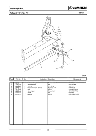 Steuerstange / Rod
Anbauteil VO 7/7X-3-90 605 1623
08.04
Pos. Art.-Nr. Stk. Artikeltext / Description
46
Abmessung
1 301 6144 4 Senkschraube spz. Countersunk bolt M16x50-10.9
2 303 0976 4 Sechskantmutter Nut M16 DIN934-8
3 305 9887 4 Federring Spring ring 16 DIN127
4 317 3417 2 Einspannbuchse mit Preßsitz Expansion bush EG30/38x25
5 317 7200 1 Hülse Bushing D30/20x150-2xL30
6 323 6348 1 Schmiernippel Grease nipple AM10x1 DIN71412
7 402 2315 1 Stange Rod 60x20x830
8 402 2612 1 Lagerung Bearing D38x149-2xD16 VO 7
 