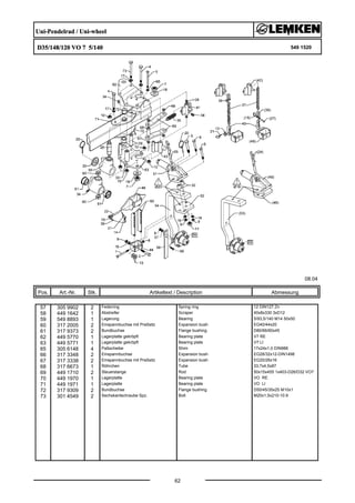 Uni-Pendelrad / Uni-wheel
D35/148/120 VO 7 5/140 549 1520
08.04
Pos. Art.-Nr. Stk. Artikeltext / Description
62
Abmessung
57 305 9902 2 Federring Spring ring 12 DIN127 Zn
58 449 1642 1 Abstreifer Scraper 40x8x330 3xD12
59 549 8893 1 Lagerung Bearing 5/93,5/140 M14 50x50
60 317 2005 2 Einspannbuchse mit Preßsitz Expansion bush EG40/44x20
61 317 9373 2 Bundbuchse Flange bushing D80/66/60x45
62 449 5770 1 Lagerplatte gekröpft Bearing plate V7 RE
63 449 5771 1 Lagerplatte gekröpft Bearing plate V7 LI
65 305 6148 4 Paßscheibe Shim 17x24x1,0 DIN988
66 317 3348 2 Einspannbuchse Expansion bush EG28/32x12-DIN1498
67 317 3338 2 Einspannbuchse mit Preßsitz Expansion bush EG20/26x16
68 317 6673 1 Röhrchen Tube 33,7x4,5x87
69 449 1710 2 Steuerstange Rod 50x15x455 1x403-D26/D32 VO7
70 449 1970 1 Lagerplatte Bearing plate VO RE
71 449 1971 1 Lagerplatte Bearing plate VO LI
72 317 9309 2 Bundbuchse Flange bushing D50/45/35x25 M10x1
73 301 4549 2 Sechskantschraube Spz. Bolt M20x1,5x210-10.9
 