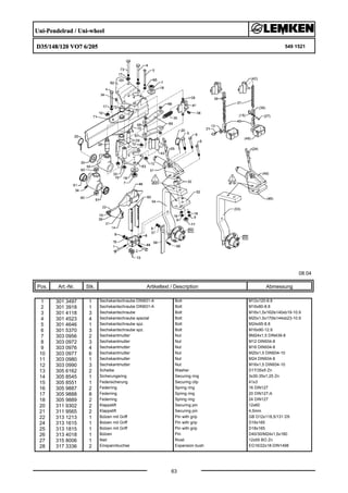Uni-Pendelrad / Uni-wheel
D35/148/120 VO7 6/205 549 1521
08.04
Pos. Art.-Nr. Stk. Artikeltext / Description
63
Abmessung
1 301 3497 1 Sechskantschraube DIN931-A Bolt M12x120-8.8
2 301 3918 1 Sechskantschraube DIN931-A Bolt M16x80-8.8
3 301 4118 3 Sechskantschraube Bolt M16x1,5x162ls140xb19-10.9
4 301 4523 4 Sechskantschraube spezial Bolt M20x1,5x170ls144xb23-10.9
5 301 4646 1 Sechskantschraube spz. Bolt M24x95-8.8
6 301 5370 3 Sechskantschraube spz. Bolt M16x90-12.9
7 303 0956 2 Sechskantmutter Nut BM24x1,5 DIN439-8
8 303 0972 3 Sechskantmutter Nut M12 DIN934-8
9 303 0976 4 Sechskantmutter Nut M16 DIN934-8
10 303 0977 6 Sechskantmutter Nut M20x1,5 DIN934-10
11 303 0980 1 Sechskantmutter Nut M24 DIN934-8
12 303 0990 3 Sechskantmutter Nut M16x1,5 DIN934-10
13 305 6162 2 Scheibe Washer D17/35x5 Zn
14 305 8545 1 Sicherungsring Securing ring 3x30-35x1,25 Zn
15 305 8551 1 Federsicherung Securing clip 41x3
16 305 9887 2 Federring Spring ring 16 DIN127
17 305 9888 8 Federring Spring ring 20 DIN127-A
18 305 9889 2 Federring Spring ring 24 DIN127
20 311 9302 2 Klappstift Securing pin 12x60
21 311 9565 2 Klappstift Securing pin 4,5mm
22 313 1213 1 Bolzen mit Griff Pin with grip GB D12x118,5/131 D5
24 313 1615 1 Bolzen mit Griff Pin with grip D16x165
25 313 1815 1 Bolzen mit Griff Pin with grip D18x165
26 313 4018 1 Bolzen Pin D40/30/M24x1,5x180
27 315 8006 1 Niet Rivet 12x55 BO Zn
28 317 3336 2 Einspannbuchse Expansion bush EG16/22x18-DIN1498
 