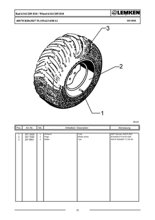 Rad 6/161/205 D18 / Wheel 6/161/205 D18
405/70 R20xM27 TL155A2/143B LI 550 8858
08.04
Pos. Art.-Nr. Stk. Artikeltext / Description
70
Abmessung
1 357 3429 1 Schlauch Tube 20RT Michelin 405/70 R20
2 357 7049 1 Felge Wheel centre W10xR20 ET0 6/161/205
3 357 8851 1 Reifen Tyre 405/70 R20xM27 TL155 A2
 