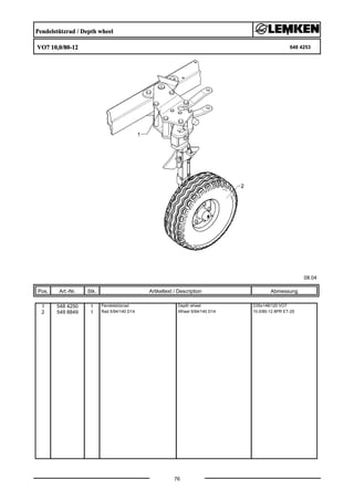Pendelstützrad / Depth wheel
VO7 10,0/80-12 648 4253
08.04
Pos. Art.-Nr. Stk. Artikeltext / Description
76
Abmessung
1 548 4250 1 Pendelstützrad Depth wheel D35x148/120 VO7
2 549 8849 1 Rad 5/94/140 D14 Wheel 5/94/140 D14 10.0/80-12 8PR ET-25
 