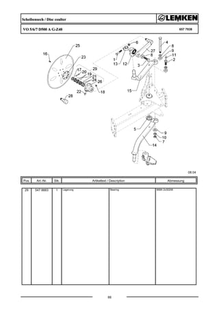 Scheibensech / Disc coulter
VO 5/6/7 D500 A G-Z40 657 7938
08.04
Pos. Art.-Nr. Stk. Artikeltext / Description
88
Abmessung
29 547 8883 1 Lagerung Bearing 668A 2x30206
 