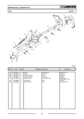 Mitnehmerarm / Attachment arm
E2V 622 2661
08.04
Pos. Art.-Nr. Stk. Artikeltext / Description
96
Abmessung
27 422 9514 1 Tragarm Supporting arm 80x40x707 E2V
28 422 9515 1 Fangarm Hook arm 80x30 E2V
29 422 9516 1 Hebel zur Zugfeder Lever 10x93x140
30 422 9550 1 Verriegelungsbolzen Locking pin D30x240
31 475 2677 1 Hydraulikschlauch High-pressure hose 1SN08-2200
DKOL10/DKOL10-45°
32 475 9668 1 Rohr gebogen Tube 10x2x332
33 575 2335 1 Hydraulikzylinder Ram EZ25/80 D16/170
 