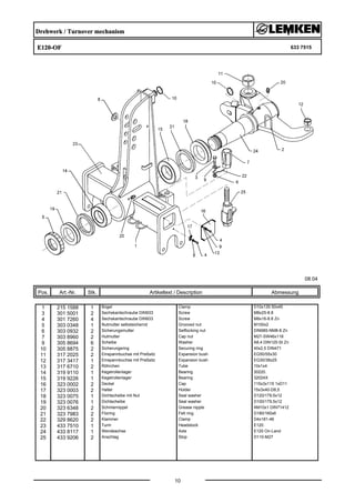 Drehwerk / Turnover mechanism
E120-OF 633 7515
08.04
Pos. Art.-Nr. Stk. Artikeltext / Description
10
Abmessung
1 215 1588 1 Bügel Clamp D10x135 50x45
3 301 5001 2 Sechskantschraube DIN933 Screw M8x25-8.8
4 301 7260 4 Sechskantschraube DIN933 Screw M8x16-8.8 Zn
5 303 0348 1 Nutmutter selbstsichernd Grooved nut M100x2
6 303 0932 2 Sicherungsmutter Selflocking nut DIN985-NM8-8 Zn
7 303 8960 2 Hutmutter Cap nut M27-SW46x118
9 305 8694 6 Scheibe Washer A8,4 DIN125-St Zn
10 305 8875 2 Sicherungsring Securing ring 40x2,5 DIN471
11 317 2025 2 Einspannbuchse mit Preßsitz Expansion bush EG50/55x30
12 317 3417 1 Einspannbuchse mit Preßsitz Expansion bush EG30/38x25
13 317 6710 2 Röhrchen Tube 10x1x4
14 319 9110 1 Kegelrollenlager Bearing 30220.
15 319 9226 1 Kegelrollenlager Bearing 32024X
16 323 0002 2 Deckel Cap 115x3x115 1xD11
17 323 0003 2 Halter Holder 15x3x40-D8,5
18 323 0075 1 Dichtscheibe mit Nut Seal washer D120/179,5x12
19 323 0076 1 Dichtscheibe Seal washer D100/179,5x12
20 323 6348 2 Schmiernippel Grease nipple AM10x1 DIN71412
21 323 7983 2 Filzring Felt ring D180/160x6
22 329 8620 2 Klammer Clamp D4x181-46
23 433 7510 1 Turm Headstock E120
24 433 8117 1 Wendeachse Axle E120 On-Land
25 433 9206 2 Anschlag Stop D110-M27
 
