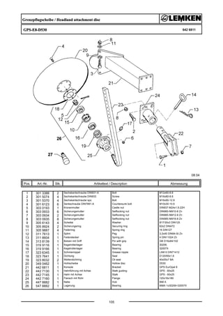 Grenzpflugscheibe / Headland attachment disc
GPS-E8-D530 642 6811
08.04
Pos. Art.-Nr. Stk. Artikeltext / Description
105
Abmessung
1 301 3388 2 Sechskantschraube DIN931-A Bolt M12x60-8.8
2 301 5074 4 Sechskantschraube DIN933 Screw M16x80-8.8
3 301 5370 4 Sechskantschraube spz. Bolt M16x90-12.9
4 301 6123 6 Senkschraube DIN7991-A Countersunk bolt M10x30-10.9
5 303 0193 1 Kronenmutter Castle nut DIN937-M24x1,5-22H
6 303 0933 6 Sicherungsmutter Selflocking nut DIN985-NM10-8 Zn
7 303 0934 2 Sicherungsmutter Selflocking nut DIN985-NM12-8 Zn
8 303 0935 8 Sicherungsmutter Selflocking nut DIN985-NM16-8 Zn
9 305 6143 4 Scheibe Washer B17/30x3 DIN125
10 305 8924 2 Sicherungsring Securing ring 62x2 DIN472
11 305 9887 4 Federring Spring ring 16 DIN127
12 311 7613 1 Splint Peg 3,2x40 DIN94-St Zn
13 311 8604 1 Federstecker Spring pin 4 DIN11024 Zn
14 313 8139 1 Bolzen mit Griff Pin with grip GB D16x84/102
15 319 9116 1 Kegelrollenlager Bearing 30206.
16 319 9166 1 Kegelrollenlager Bearing 32007X
17 323 6345 1 Schmiernippel Grease nipple LAM 6 DIN71412
18 323 7641 1 Dichtung Seal D120/65x1,6
19 323 8032 2 Wellendichtring Oil seal 40x55x7 BA
20 349 0462 1 Hohlscheibe Hollow disc D530
21 442 6811 1 Konsole Bracket GPS EurOpal 8
22 442 7130 1 Halmführung mit Achse Stalk guiding GPS - 60x25
23 442 7145 1 Halm mit Achse Stalk GPS - 60x25
24 442 7160 1 Flansch mit Rohr Flange 120x16x180
25 447 8882 1 Nabe Hub 668 A
26 547 8882 1 Lagerung Bearing 668A 1x30206+32007X
 