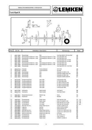 INHALTSVERZEICHNIS / CONTENTS
3
Vari-Opal 8
Pos Art.-Nr. Artikeltext / Description Abmessung Seite
7 605 1636 Steuerstange Rod Vari-Opal 8/8X-5-100 ohne Rad 48
7 605 1642 Steuerstange für Rahmen m. Rad Steuerstange für Rahmen m. Rad Vari-Opal 8/8X-3-90 49
7 605 1643 Steuerstange für Rahmen m. Rad Steuerstange für Rahmen m. Rad Vari-Opal 8/8X-4-90 50
7 605 1644 Steuerstange Rod Vari-Opal 8/8X-5-90 mit Rad 51
7 605 1645 Steuerstange Rod Vari-Opal 8/8X-6-90 mit Rad 52
7 605 1647 Steuerstange für Rahmen o. Rad Steuerstange für Rahmen o. Rad Vari-Opal 8/8X-3-90 53
7 605 1648 Steuerstange für Rahmen o. Rad Steuerstange für Rahmen o. Rad Vari-Opal 8/8X-4-90 54
7 605 1649 Steuerstange Rod Vari-Opal 8/8X-5-90 ohne Rad 55
8 602 8719 Anbauteil Frame extension VO 8-100 56
8 602 8720 Anbauteil Frame extension VO 8-90 57
8 605 1638 Steuerstange Rod Anbauteil VO 8/8X-3-100 58
8 605 1639 Steuerstange Rod Anbauteil VO8/8X-4/5/6-100 59
8 605 1652 Steuerstange Rod Anbauteil VO 8/8X-3-90 60
8 605 1653 Steuerstange Rod Anbauteil VO8/8X-4/5/6-90 61
9 663 8750 Düngereinlegerhalm Skim stalk S 50x30-260 H750 62
9 663 8752 Düngereinlegerhalm Skim stalk S1 50x30-260 H800 63
9 663 8754 Düngereinlegerhalm Skim stalk EV-260/179 50x30 H750 64
9 663 8755 Düngereinlegerhalm Skim stalk EV-260/179 50x30 H800 65
9 663 8759 Düngereinlegerhalm Skim stalk EV-260/179 50x30 H900 66
9 663 8764 Düngereinlegerhalm Skim stalk S 50x30-260 H900 67
10 602 2709 Halmtasche Stalk bracket Vari-Opal 8 68
10 602 2710 Halmtasche Stalk bracket Vari-Opal 8 Sech 69
11 699 0901 Körperhalmschrauben Bolts for leg Dural 70
11 699 0955 Körperhalm Leg 80x30/E 71
12 548 4251 Pendelstützrad Depth wheel D35x148/140 VO8 72 .. 73
12 548 4265 Pendelstützrad Depth wheel D35x178/140x615 VO8 74 .. 75
12 549 1522 Uni-Pendelrad Uni-wheel D35/148/140 VO 8 5/140 76 .. 78
12 549 1523 Uni-Pendelrad Uni-wheel D35/148/140 VO8 6/205 79 .. 81
12 549 8849 Rad 5/94/140 D14 Wheel 5/94/140 D14 10.0/80-12 8PR ET-25 82
12 549 8893 Lagerung Bearing 5/93,5/140 M14 50x50 83
12 549 8894 Lagerung Bearing V60-6/160/205 D18 84
12 550 8862 Rad 5/94/140 M14 Wheel 5/94/140 M14 10.0/75-15.3 12PR AW ET-20 85
12 550 8863 Rad 6/161/205 D18 Wheel 6/161/205 D18 10.0/75-15.3 12PR AW ET-25 86
12 550 8864 Rad 6/161/205 D18 Wheel 6/161/205 D18 D770/340 87
12 648 4209 Pendelstützrad Depth wheel V8 10,0/75-15.3 88
12 648 4257 Pendelstützrad Depth wheel VO8 10,0/80-12 89
12 648 4270 Pendelstützrad Depth wheel VO8/615 10.0/80-12 90
 