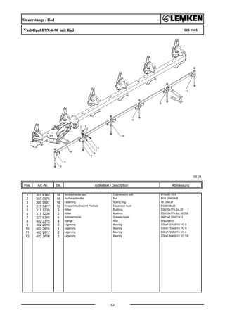 Steuerstange / Rod
Vari-Opal 8/8X-6-90 mit Rad 605 1645
08.04
Pos. Art.-Nr. Stk. Artikeltext / Description
52
Abmessung
1 301 6144 16 Senkschraube spz. Countersunk bolt M16x50-10.9
2 303 0976 16 Sechskantmutter Nut M16 DIN934-8
3 305 9887 16 Federring Spring ring 16 DIN127
4 317 3417 10 Einspannbuchse mit Preßsitz Expansion bush EG30/38x25
5 317 7205 3 Hülse Bushing D30/20x174-2xL30
6 317 7206 2 Hülse Bushing D30/20x174-2xL16/D28
7 323 6348 6 Schmiernippel Grease nipple AM10x1 DIN71412
8 402 2315 4 Stange Rod 60x20x830
9 402 2615 2 Lagerung Bearing D38x143-4xD16 VO 8
10 402 2616 1 Lagerung Bearing D38x173-4xD16 VO 8
11 402 2617 2 Lagerung Bearing D38x173-2xD16 VO 8
12 402 2606 2 Lagerung Bearing D38x139-4xD16 VO 5/6
 