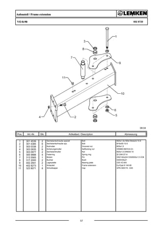 Anbauteil / Frame extension
VO 8-90 602 8720
08.04
Pos. Art.-Nr. Stk. Artikeltext / Description
57
Abmessung
1 301 4539 2 Sechskantschraube spezial Bolt M20x1,5x190ls164xb23-10.9
2 301 5385 6 Sechskantschraube spz. Bolt M16x55-10.9
3 303 0338 2 Nutmutter Grooved nut M30x1,5
4 303 0935 6 Sicherungsmutter Selflocking nut DIN985-NM16-8 Zn
5 303 0977 2 Sechskantmutter Nut M20x1,5 DIN934-10
6 305 9888 4 Federring Spring ring 20 DIN127-A
7 313 5565 1 Bolzen Pin D50/140x224 D35/M30x1,5 VO8
8 317 2000 2 Buchse Bush D45/D35x21
9 402 2941 2 Lagerplatte Bearing plate D35 VO-8/9
10 402 8273 1 Anbauteil Frame extension EurOpal 8 140-90
11 323 8071 8 Schutzkappe Cap GPN 300V19 - D20
 