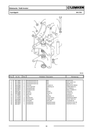 Halmtasche / Stalk bracket
Vari-Opal 8 602 2709
08.04
Pos. Art.-Nr. Stk. Artikeltext / Description
68
Abmessung
1 301 3424 2 Sechskantschraube spz. Bolt M12x75-10.9
2 301 4543 2 Sechskantschraube spz. Bolt M20x1,5x220-10.9
3 301 4370 6 Sechskantschraube spz. Bolt M20x85-10.9
4 303 0349 2 Nutmutter Grooved nut M60x2 M10x1 D80x24
5 303 0936 6 Sicherungsmutter Selflocking nut DIN985-NM20-8 Zn
6 303 0972 2 Sechskantmutter Nut M12 DIN934-8
7 303 0977 2 Sechskantmutter Nut M20x1,5 DIN934-10
8 305 6164 4 Scheibe Washer D35/20,5x5
9 305 9888 2 Federring Spring ring 20 DIN127-A
10 317 6944 4 Röhrchen Tube 40/20x30,5
11 317 7518 1 Hülse Bushing D60/36/20x174
12 317 9376 2 Bundbuchse Flange bushing D65/60/45x30 M60x2
13 323 6348 2 Schmiernippel Grease nipple AM10x1 DIN71412
14 402 2570 2 Halmplatte Stalk plate 10x235x580 E8
15 402 2670 1 Verstellwinkel Adjusting bracket 10x272x410 VO8 RE
16 402 2671 1 Verstellwinkel Adjusting bracket 10x272x410 VO8 LI
 