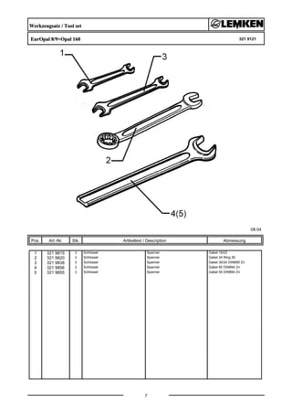 Werkzeugsatz / Tool set
EurOpal 8/9+Opal 160 321 9121
08.04
Pos. Art.-Nr. Stk. Artikeltext / Description
7
Abmessung
1 321 9815 1 Schlüssel Spanner Gabel 19/22
2 321 9820 1 Schlüssel Spanner Gabel 24 Ring 30
3 321 9838 1 Schlüssel Spanner Gabel 30/24 DIN895 Zn
4 321 9856 1 Schlüssel Spanner Gabel 60 DIN894 Zn
5 321 9855 1 Schlüssel Spanner Gabel 50 DIN894 Zn
 