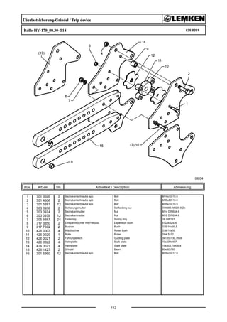 Überlastsicherung-Grindel / Trip device
Rolle-HY-170_80.30-D14 626 8201
08.04
Pos. Art.-Nr. Stk. Artikeltext / Description
112
Abmessung
1 301 3595 2 Sechskantschraube spz. Bolt M14x70-10.9
2 301 4606 2 Sechskantschraube spz. Bolt M20x80-10.9
3 301 5387 12 Sechskantschraube spz. Bolt M16x70-10.9
4 303 0936 2 Sicherungsmutter Selflocking nut DIN985-NM20-8 Zn
5 303 0974 2 Sechskantmutter Nut M14 DIN934-8
6 303 0976 12 Sechskantmutter Nut M16 DIN934-8
7 305 9887 24 Federring Spring ring 16 DIN127
8 317 3350 2 Einspannbuchse mit Preßsitz Expansion bush EG28/32x30
9 317 7502 2 Buchse Bush D35/16x30,5
10 426 0007 4 Wälzbuchse Roller bush D36/16x30
11 426 0020 1 Rolle Roller D94,5x22
12 426 0021 2 Führungsblech Guiding plate 3x120x130,76x9
13 426 0022 4 Halmplatte Stalk plate 10x339x407
14 426 0023 4 Halmplatte Stalk plate 10x303,7x406,4
15 426 1427 2 Grindel Beam 80x30x765
16 301 5360 12 Sechskantschraube spz. Bolt M16x70-12.9
 